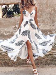 Feather Print Spaghetti Strap Split Dress