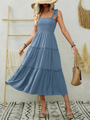 Smocked Tiered Midi Dress with Tie Straps