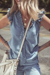 Frilly Ruffle Trim V Neck Chambray Tank