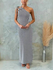 One Shoulder Striped Maxi Dress