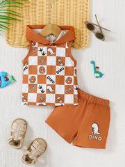 Children's Dinosaur Checkered Sleeveless Hooded Top and Shorts Set