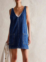 Oversized V-Neck Denim Tank Dress with Front Pockets