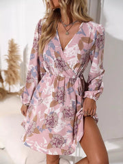 Floral Print Surplice Balloon Sleeve Dress