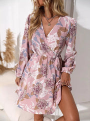 Floral Print Surplice Balloon Sleeve Dress