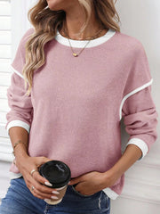 Contrast Color Trim Knit Drop Shoulder Loose Top
