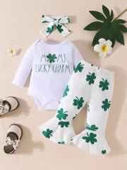 Children's Lucky Clover Long Sleeve Bodysuit and Flare Pants Set with Headband