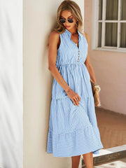 Striped Sleeveless Tiered Midi Dress