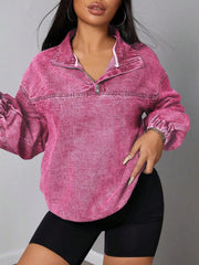 Zip Collar Long Sleeve Denim Top