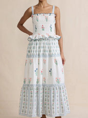 Smocked Ruffled Square Neck Maxi Dress