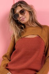 BiBi Color Block Sweater Knit Top With Cut Out Neck