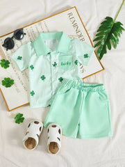 Children's Lucky Clover Print Striped Shirt & Shorts Set