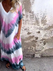 Full Size Tie-Dye V-Neck Midi Dress with Pockets Plus Size