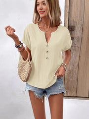 Full Size Notched Short Sleeve Top Plus Size