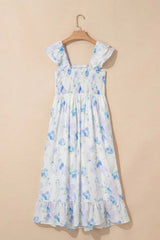 Floral Smocked High Waist Double Ruffle Sleeveless Long Dress