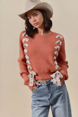 SO ME Checkered Plaid Tape Lace Up Ribbed Sweater