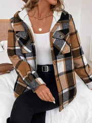 Hooded Plaid Button Up Jacket