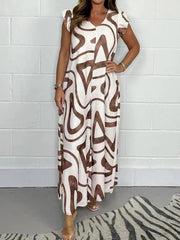 Full Size Printed Wide-Leg Jumpsuit with Flutter Sleeves Plus Size
