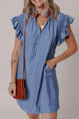 Stripe Frilly Split Neck Shirred Ruffle Sleeve Short Shift Dress