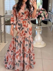 Full Size Printed V-Neck Maxi Dress with Tiered Hemline Plus Size