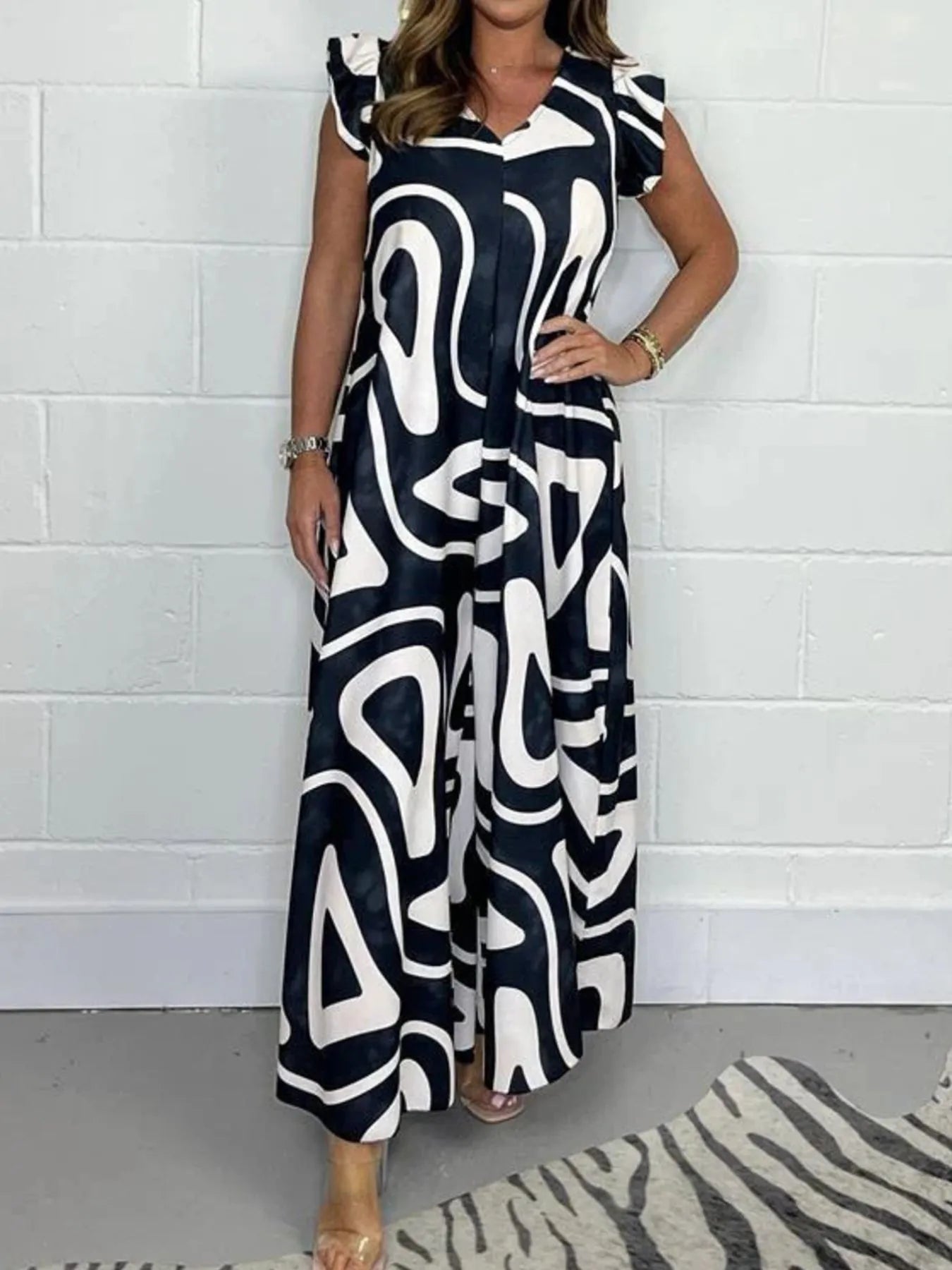 Full Size Printed Wide-Leg Jumpsuit with Flutter Sleeves Plus Size