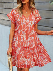 Floral Print V-Neck Ruffle Tiered Summer Mini Dress