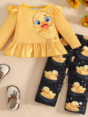 Children's Cute Duck Print Long Sleeve Top and Pants Set