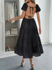 Backless Tiered Puff Sleeve Midi Dress