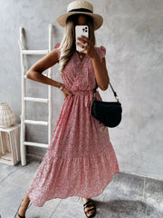 Ruffled Surplice Printed Cap Sleeve Dress