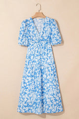 Floral V Neck Puff Short Sleeve Flowy Dress
