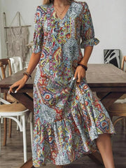 Full Size Bohemian Paisley Print V-Neck Midi Dress Plus Size