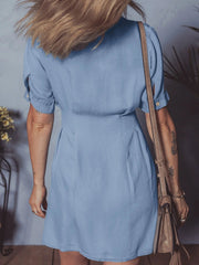 Denim Pleated Slim Waist Short Sleeve Shirt Dress