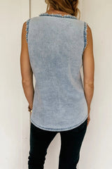 Mineral Wash Denim Frayed U Neck Sleeveless Top