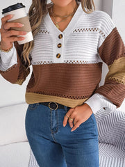 Color Block Striped V-Neck Button Detail Sweater