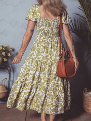 Boho Floral Square Neck Smocked Bust Puff Sleeve Tiered Dress