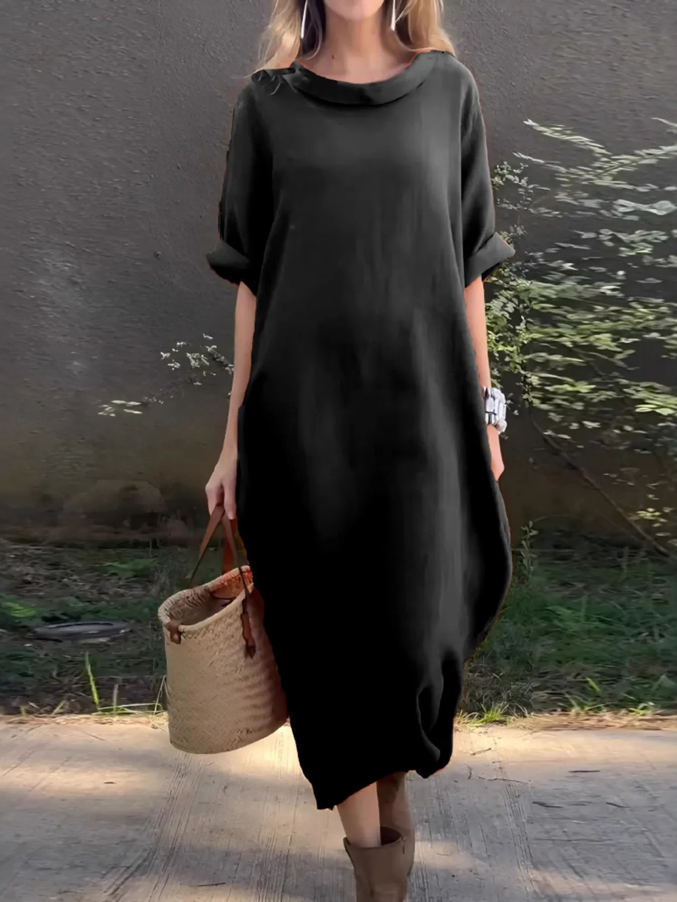 Full Size Casual Loose Fit Round Neck Midi Dress Plus Size