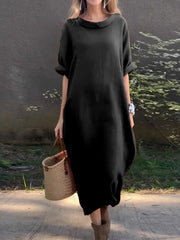 Full Size Casual Loose Fit Round Neck Midi Dress Plus Size