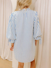 Stripe Knotted Sleeve Notched Shift Mini Dress