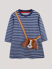 Children's Dog Striped Long Sleeve Dress