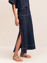High-Waist Side Slit Contrast Stitch Denim Maxi Skirt
