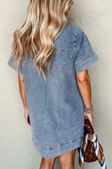Short Sleeve Collared Patched Pocket Denim Mini Dress