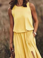 Full Size Round Neck Sleeveless Slit Maxi Dress Plus Size