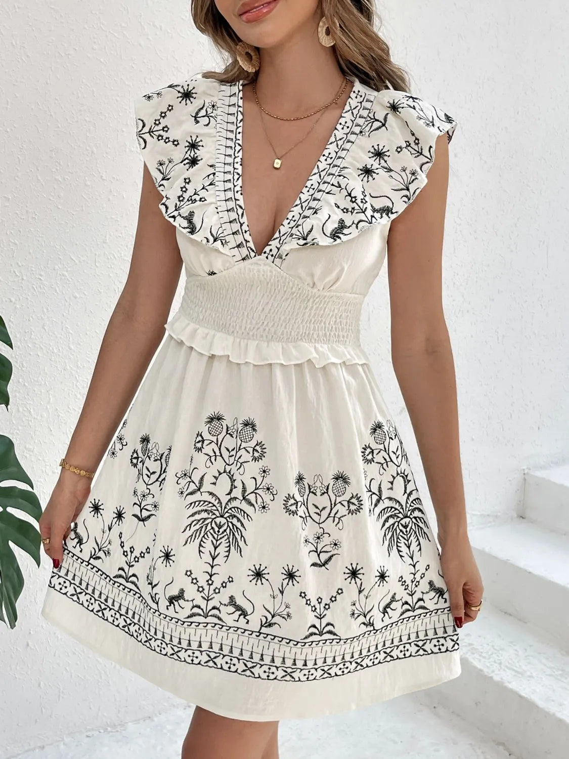 Smocked Ruffled Cap Sleeve Mini Dress