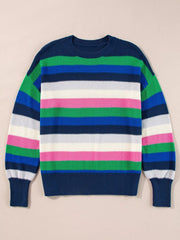 Rainbow Striped Crew Neck Drop Shoulder Sweater