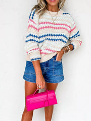 Stripe Eyelet Patterned Drop Shoulder Sweater