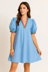 Notched Puff Sleeve Swing Dress