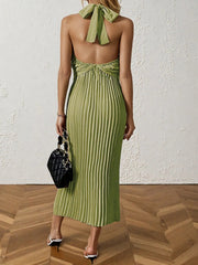 Pleated Halter Neck Midi Dress