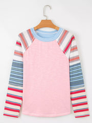 Color Block Round Neck Exposed Seam Patchwork Striped Long Sleeve Top