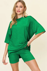 Double Take Full Size Texture Round Neck Drop Shoulder T-Shirt and Shorts Set