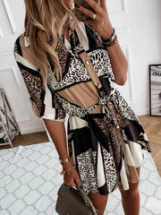 Printed Tie Waist Roll-Tab Sleeve Mini Dress