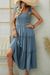 Smocked Tiered Midi Dress with Tie Straps